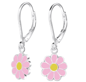 Детски сребърни обеци Розово цвете, тип лостче