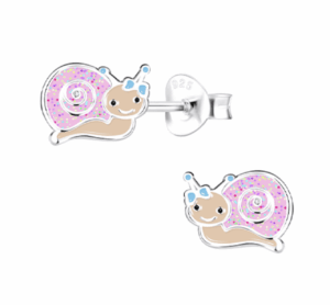 Детски сребърни обеци Розово охлювче, тип винт
