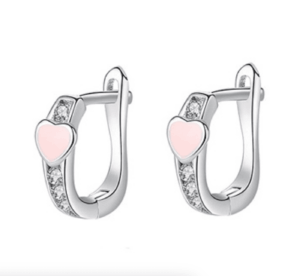 Детски сребърни обеци Розово сърце, английско закопчаване - Image 1