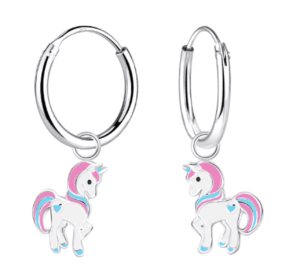 Детски сребърни обеци Щастлив розов еднорог, тип халка  |  Детски бижута