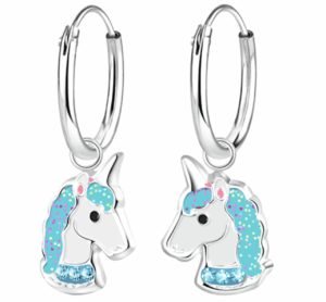 Детски сребърни обеци Син еднорог, тип халка | HappyMarket.bg Детски сребърни обеци Син еднорог, тип халка | Детски бижута