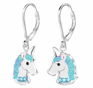 Детски сребърни обеци Син еднорог, тип лостче  |  Детски бижута