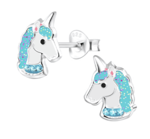 Детски сребърни обеци Син еднорог, тип винт | HappyMarket.bg Детски сребърни обеци Син еднорог, тип винт | Детски бижута