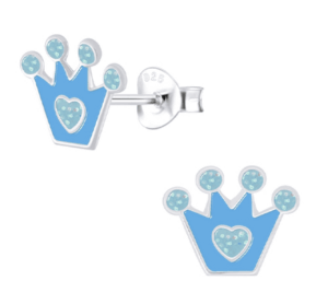 Детски сребърни обеци Синя корона, тип винт