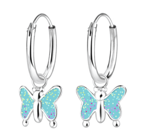 Детски сребърни обеци Синя пеперуда, тип халка | HappyMarket.bg Детски сребърни обеци Синя пеперуда, тип халка | Детски бижута