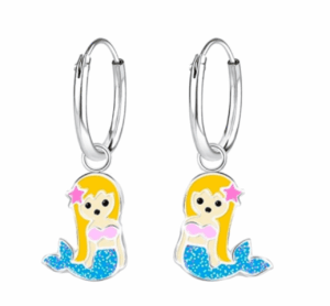 Детски сребърни обеци Синя русалка, тип халка  |  Детски бижута