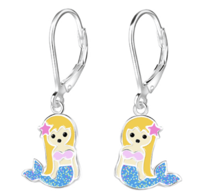 Детски сребърни обеци Синя русалка, тип лостче