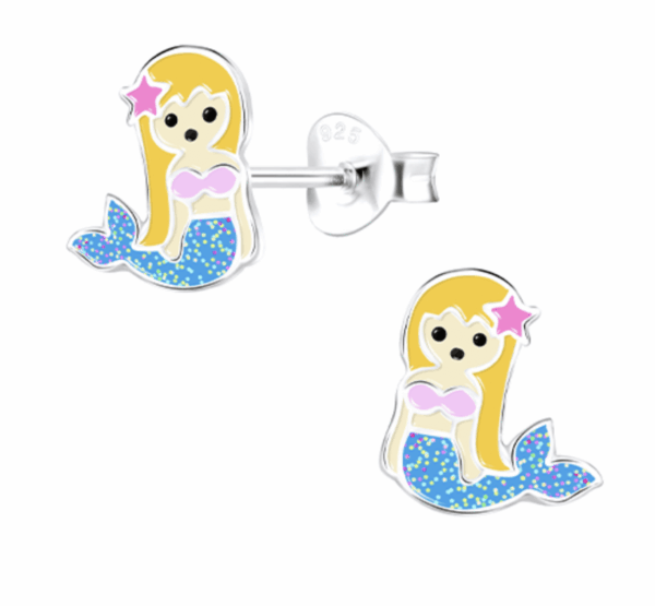 Детски сребърни обеци Синя русалка, тип винт | HappyMarket.bg Детски сребърни обеци Синя русалка, тип винт | Детски бижута