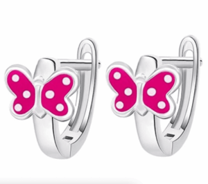 Детски сребърни обеци Тъмнорозова пеперуда, английско закопчаване  |  Детски бижута