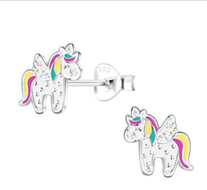 Детски сребърни обеци Весел еднорог, тип винт  |  Детски бижута