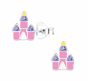 Детски сребърни обеци Замък, тип винт  |  Детски бижута