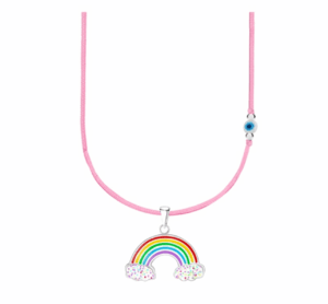Детско сребърно колие с розов конец и синьо мънисто с висулка Дъга  |  Детски бижута
