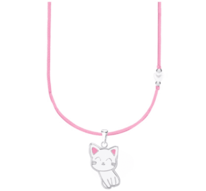 Детско сребърно колие с розов конец и бяло мънисто с висулка Бяло котенце  |  Детски бижута
