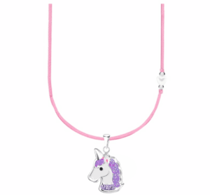 Детско сребърно колие с розов конец и бяло мънисто с висулка Лилав еднорог  |  Детски бижута