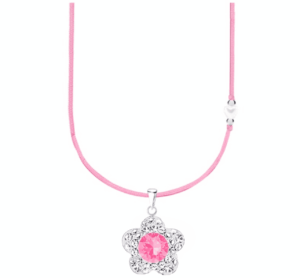 Детско сребърно колие с розов конец и бяло мънисто с висулка Розово кристално цвете  |  Детски бижута