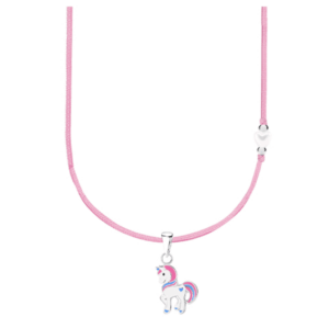 Детско сребърно колие с розов конец и бяло мънисто с висулка Щастлив еднорог  |  Детски бижута