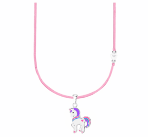 Детско сребърно колие с розов конец и бяло мънисто с висулка Щастлив лилав еднорог  |  Детски бижута