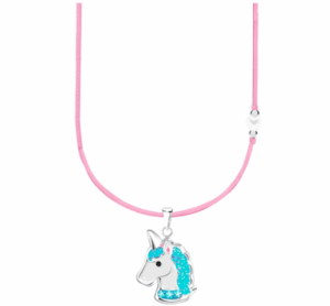 Детско сребърно колие с розов конец и бяло мънисто с висулка Син еднорог  |  Детски бижута