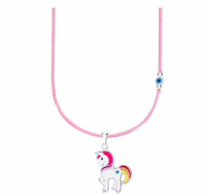 Детско сребърно колие с розов конец и синьо мънисто с висулка Щастлив червен еднорог | HappyMarket.bg Детско сребърно колие с розов конец и синьо мънисто с висулка Щастлив червен еднорог | Детски бижута