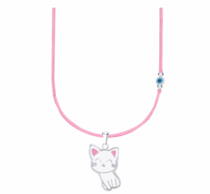 Детско сребърно колие с розов конец и синьо мънисто с висулка Бяло котенце  |  Детски бижута