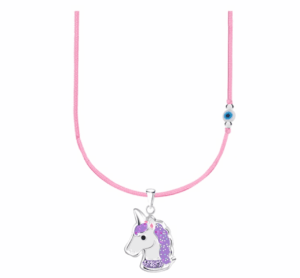 Детско сребърно колие с розов конец и синьо мънисто с висулка Лилав еднорог  |  Детски бижута