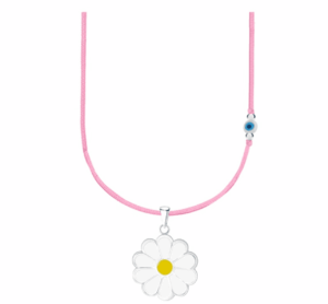 Детско сребърно колие с розов конец и синьо мънисто с висулка Маргаритка  |  Детски бижута
