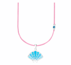 Детско сребърно колие с розов конец и синьо мънисто с висулка Морска мида  |  Детски бижута