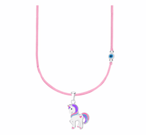 Детско сребърно колие с розов конец и синьо мънисто с висулка Щастлив лилав еднорог  |  Детски бижута