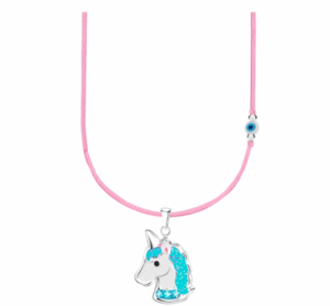 Детско сребърно колие с розов конец и синьо мънисто с висулка Син еднорог – проба 925
