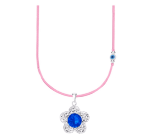 Детско сребърно колие с розов конец и синьо мънисто с висулка Синьо кристално цвете  |  Детски бижута
