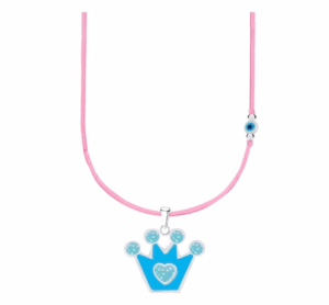Детско сребърно колие с розов конец и синьо мънисто с висулка Синя корона – проба 925