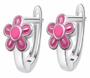 Детски сребърни обеци Розово цвете, английско закопчаване - Image 1