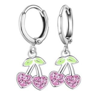 Детски сребърни обеци с цирконии Черешки, скрито английско закопчаване  |  Деца
