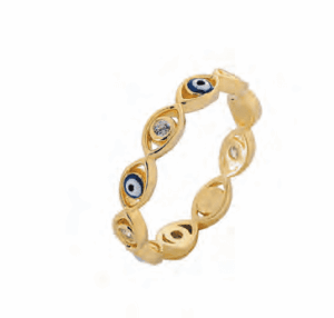 Позлатен сребърен пръстен „Тройното Око на Назар“ с цирконии,тъмносиньо  |  Бижута