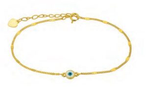 Позлатена сребърна гривна с бяла основа и с кръгла висулка"Окото на Назар",светлосиньо - Image 1