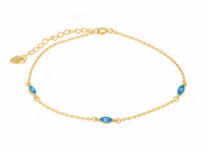 Позлатена сребърна гривна за крак с висулка „Тройно Око на Назар“, светлосиньо | HappyMarket.bg Позлатена сребърна гривна за крак с висулка „Тройно Око на Назар“, светлосиньо | Бижута