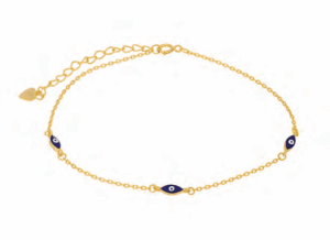 Позлатена сребърна гривна за крак с висулка „Тройно Око на Назар“,тъмносиньо  |  Бижута