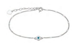 Сребърна гривна с бяла основа и кръгла висулка"Окото на Назар",светлосиньо - Image 1