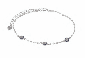 Сребърна гривна за крак с три кръгли висулки „Синьо око“ от сини и бели цирконии | HappyMarket.bg Сребърна гривна за крак с три кръгли висулки „Синьо око“ от сини и бели цирконии | Бижута