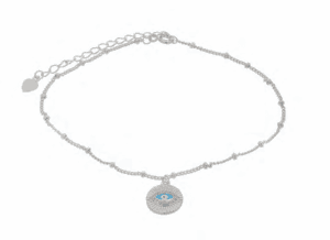 Сребърна гривна за крак с верижка с топчета и кръгла висулка с цирконии „Окото на Назар“,светлосиньо | HappyMarket.bg Сребърна гривна за крак с верижка с топчета и кръгла висулка с цирконии „Окото на Назар“,светлосиньо | Бижута