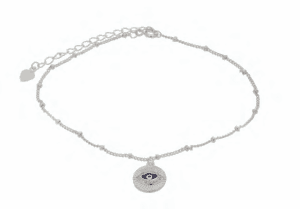 Сребърна гривна за крак с верижка с топчета и кръгла висулка с цирконии „Окото на Назар“,тъмносиньо | HappyMarket.bg Сребърна гривна за крак с верижка с топчета и кръгла висулка с цирконии „Окото на Назар“,тъмносиньо | Бижута