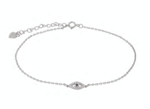 Сребърна гривна за крак с висулка „Окото на Назар“ с бели цирконии и син циркон  |  Бижута