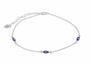 Сребърна гривна за крак с висулка „Тройно Око на Назар“, тъмносиньо  |  Бижута