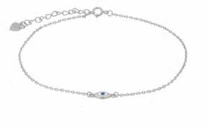 Сребърна гривна за крак с висулка с бял емайл „Окото на Назар“, светлосиньо  |  Бижута