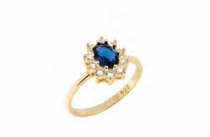Позлатен сребърен пръстен с овален циркониев син камък и рамка от малки бели цирконии  |  Бижута