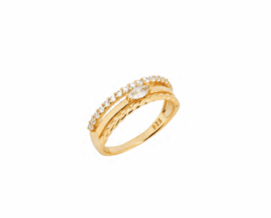 Позлатен сребърен пръстен – три халки сляти в едно с циркони  |  Бижута