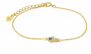 Позлатена сребърна гривна с циркони – „Ръката на Фатима и Синьо око“ | HappyMarket.bg Позлатена сребърна гривна с циркони – „Ръката на Фатима и Синьо око“ | Бижута