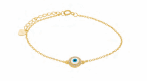 Позлатена сребърна гривна с кръгла висулка от бял емаил и светлосиньо“Синьо око“ с цирконии  |  Бижута