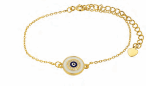 Позлатена сребърна гривна с кръгла висулка с бяла основа и цирконии „Синьо око“,тъмносиньо  |  Бижута