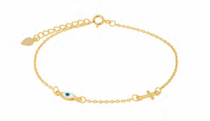 Позлатена сребърна гривна с основа с бял емайл и „Окото на Назар и Кръст“ | HappyMarket.bg Позлатена сребърна гривна с основа с бял емайл и „Окото на Назар и Кръст“ | Бижута